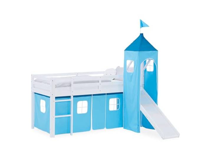 Homestyle4u Kinder-Hochbett 90x200 mit Rutsche, Turm & Vorhang, Weiß Stabiles Spielbett aus Kiefer Massivholz in Blau - inkl. Absturzsicherung - Hochbett mit Rutsche & Turm für Jungen & Mädchen