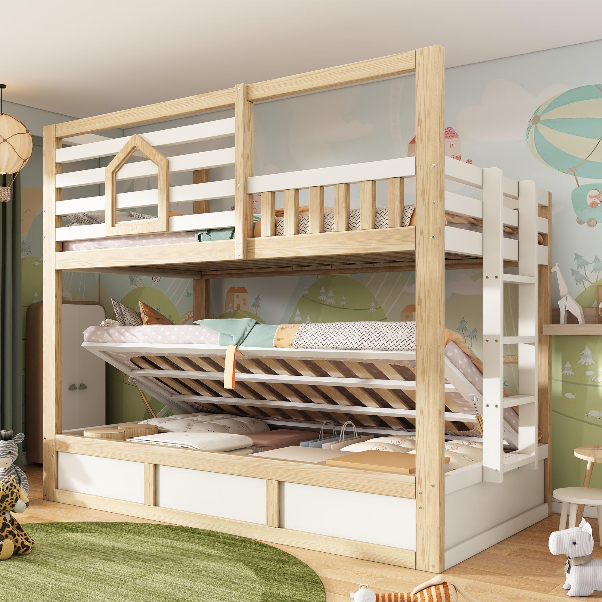 Flieks Hydraulisches Etagenbett 90x200cm mit Stauraum, Kinderbett Hausbett mit Fenster, Hochbett mit Leiter und Rausfallschutz, Naturbelassen