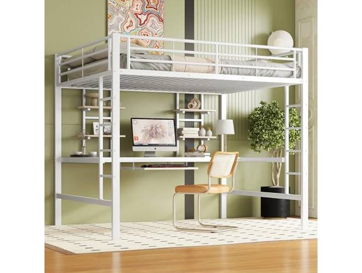 Merax Hochbett 140x200 cm, Bettgestell Metallbett mit Schreibtisch und Bücherregalen, Stabiler Eisenrahmen, Platzsparendes Hochbett für Kinder, Jugendliche und Erwachsene, Weiß