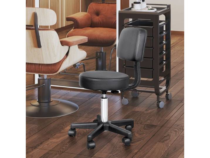Tabouret à roulettes réglable en hauteur avec dossier et assise rembourrés - pour salon bureau ou beauté - en simili noir