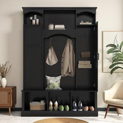 ZWYO HOSIMU Farmhouse All-in-One Hall Tree with Adjustable Shelves, Dual Side Cabinets and 7 Hooks for Mudroom, Hallway