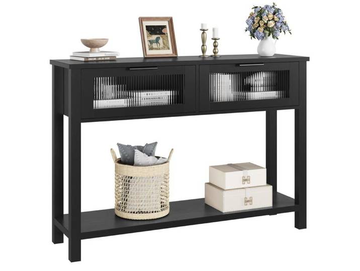 Console d'entrée - LUNSY - 110x30x80 cm - Noir - Deux tiroirs - Étagère inférieure - Style campagnard - Format compact