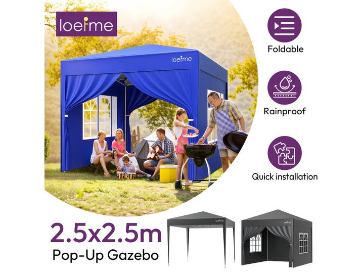 LOEFME Tonnelle Pop-Up 2,5x2,5M, Abri Extérieur Portable, 4 Parois, Imperméable, Coupe-Vent, Tente Pare-Soleil pour Pique-nique, Fête, Camping