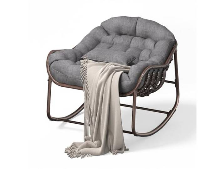 GarveeMore Papasan Schaukelstuhl Übergröße für Garten & Balkon – Rattan Ei-Design, Dicke Polsterung, Metallrahmen – Bequemer Outdoor & Indoor Lounge Sessel für Terrasse, Wohnzimmer, Schlafzimmer –