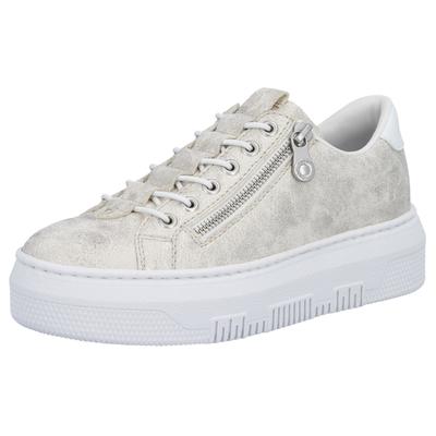 Plateausneaker RIEKER, Damen, Gr. 42, Textil, weiß (sanftes weiß metallic), Lederimitat, metallic, used, Schuhe Plateausneaker, Sneaker, Slip-On Sneaker, Slipper mit Schaftrandpolster