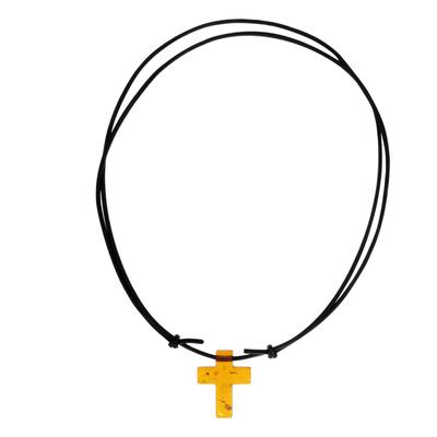 Kette mit Anhänger OSTSEE-SCHMUCK "- Kreuz 25x20 mm - Lederband - Bernstein -", braun (braun, bernsteinfarben), Schmuck_Sets, Damen, Bernstein