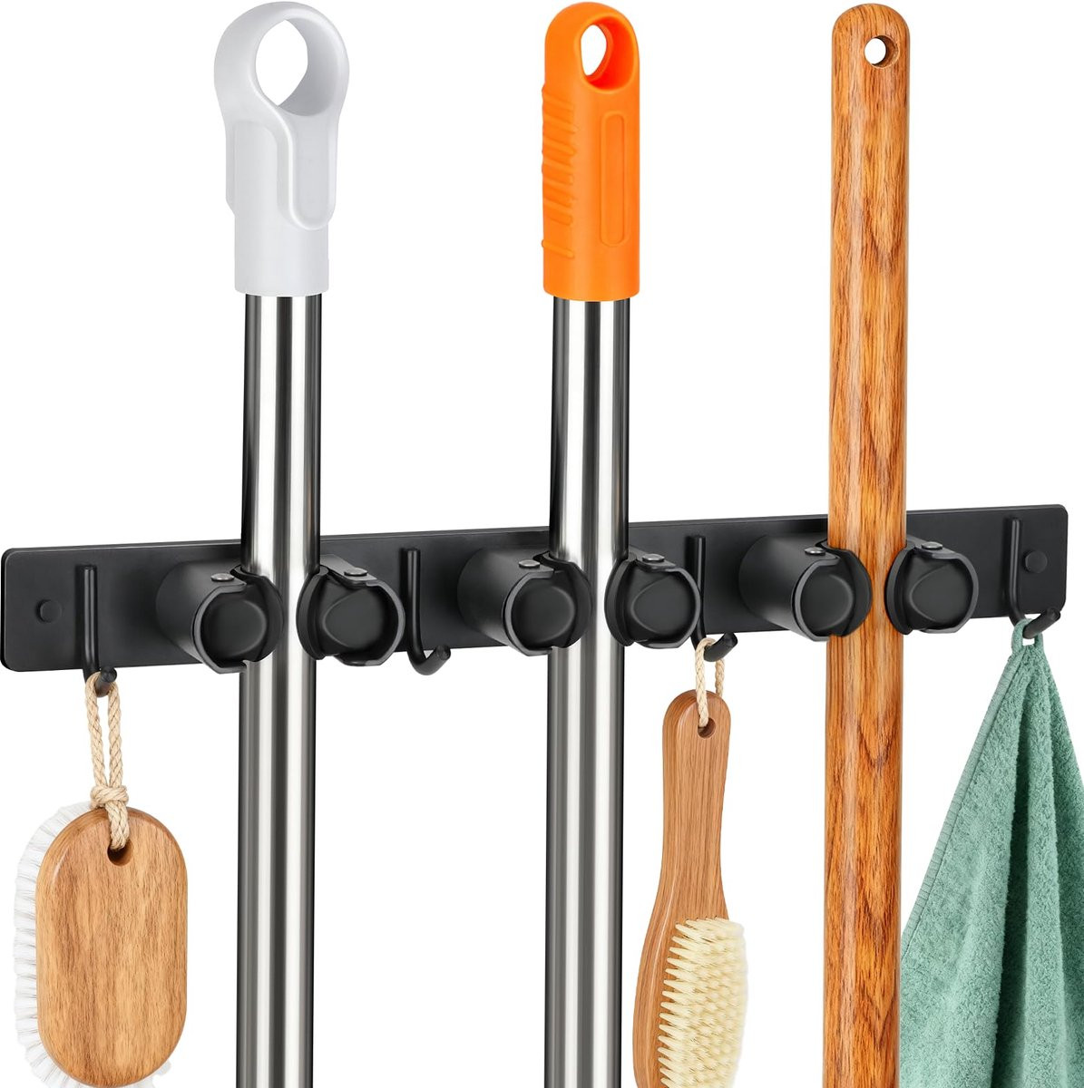 Bezemhouder met 3 slots en 4 haken voor wandmontage, zwart