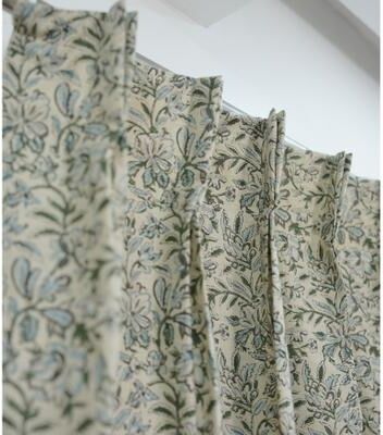 Fabdivine Linen Block Print Curtain Panel Pleated Drapery Floral Window Treatments Boho Printed Dining Room Décor, Kudrat