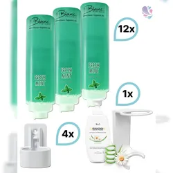 Blanc HYGIENIC KOMPLETT-SET Duscherlebnis 12x425ml verschied. Düfte, 1x300ml Intim Reinigungsschaum+ 5x Wandhalterung : Duftnote - Fresh Mint: Minze, Teebaum, Farbe