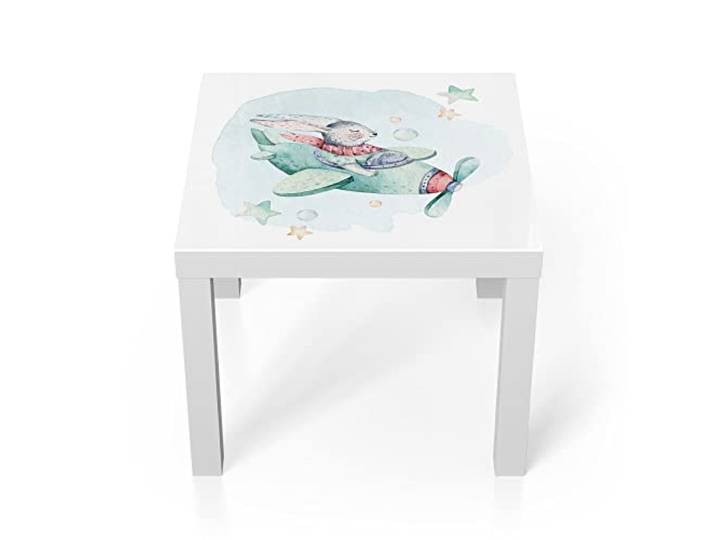 DEQORI Glastisch weiß klein 55x55 cm Motiv Hase im Flieger ausgefallener Beistelltisch aus Glas Hochglanz Couchtisch fürs Wohnzimmer moderner Couch Tisch mit Design