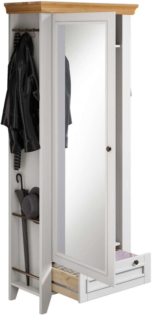 Garderobenschrank OTTO HOME "Skandinavia", weiß (weiß, honig), B:85cm H:192cm T:38cm, Massivholz, Schränke, Garderobenschrank, Massivholz, mit Spiegel und seitlichen Hängemöglichkeiten