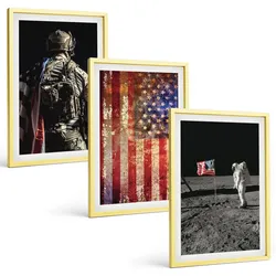 BILDER SET 3er Set - 40x60 cm Goldrahmen - Amerikanische Symbole, USA-Flagge