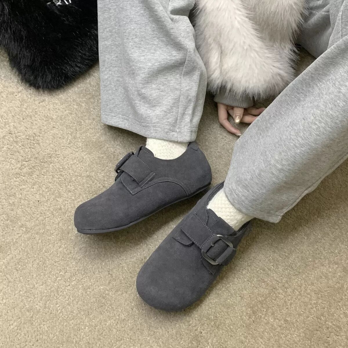 INF Dicke Sohle Birkenstock Stil Warme Hausschuhe - Modische und Bequeme Winterschuhe Dunkelgrau 40