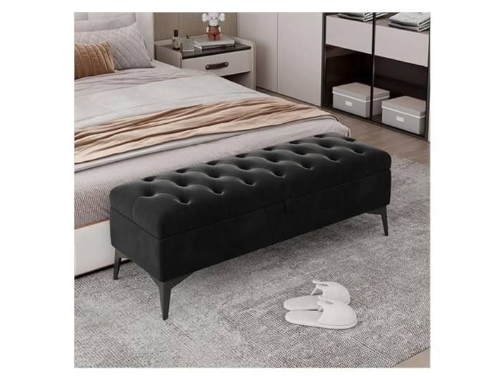 RUNZE765Z Dekorativ Aufbewahrungsbank, Eingangsbank, Bettbank Gepolsterte Samt-Schlafzimmerbänke for das Fußende des Bettes. Getuftete Bank(Schwarz,90*40*43cm)