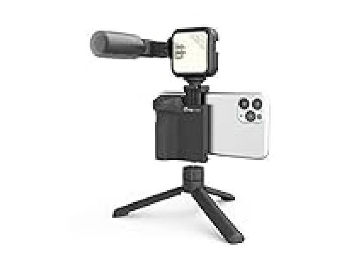DigiPower Kit de 4 pièces DPS-VLG4 - poignée d'appareil Photo, lumière vidéo LED, Microphone Universel et Mini trépied Compatible avec téléphones Portables