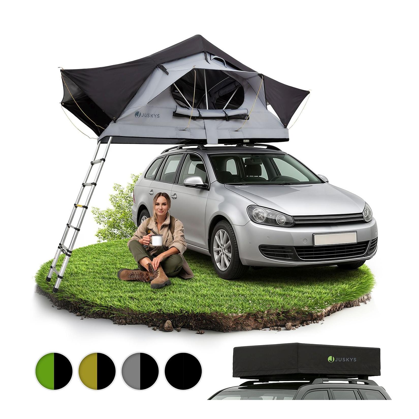 Juskys Autodachzelt Lago 120 x 210 cm - LED-Beleuchtung & Leiter - Schwarz / Grau