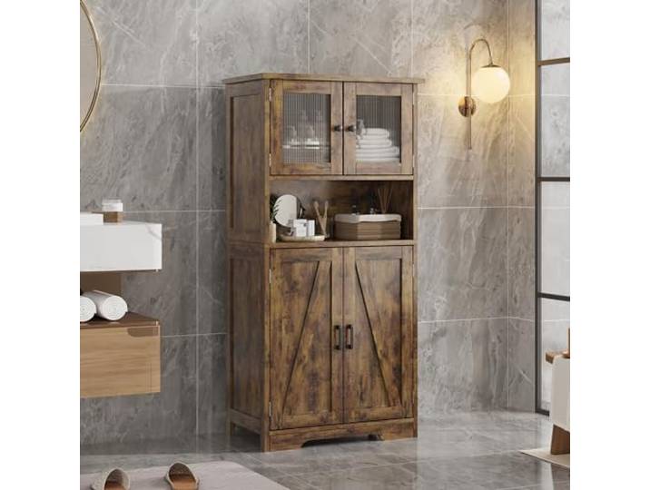 GarveeMore Badezimmerschrank 128 x 30 x 60 cm Badschrank Bathroom Cabinet mit 4 Türen Verstellbare Einlegeböden Kippsicherung