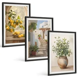 BILDER SET 3er Set - 40x60 cm Schwarzer Rahmen - Zitronen in einer Pflanzenvase