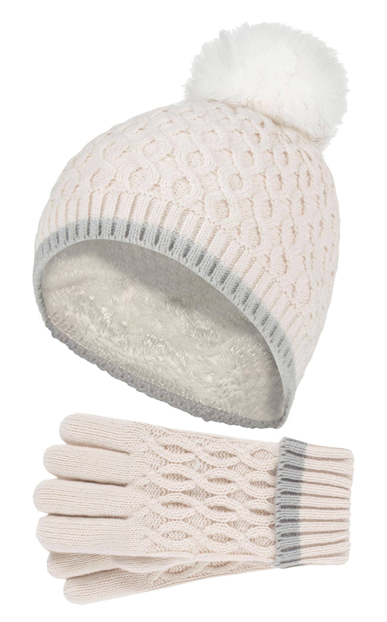 Wärmehalter - Thermoisolierte Pom Pom Bommelmütze und Handschuhe für Mädchen | bunte Pastellfarben - Buttercreme