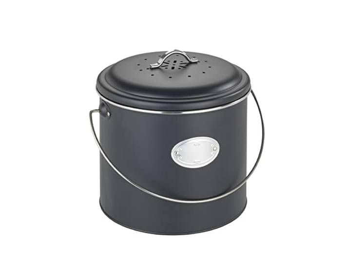 WENKO Komposteimer 6 L aus Metall, Deckel mit Silikonring 3 Aktivkohlefilter zur Geruchsneutralisierung, Beschriftungsschild, Maße (B/T x H): Ø 22,5 x 22,5 cm, schwarz, Mod. Nero