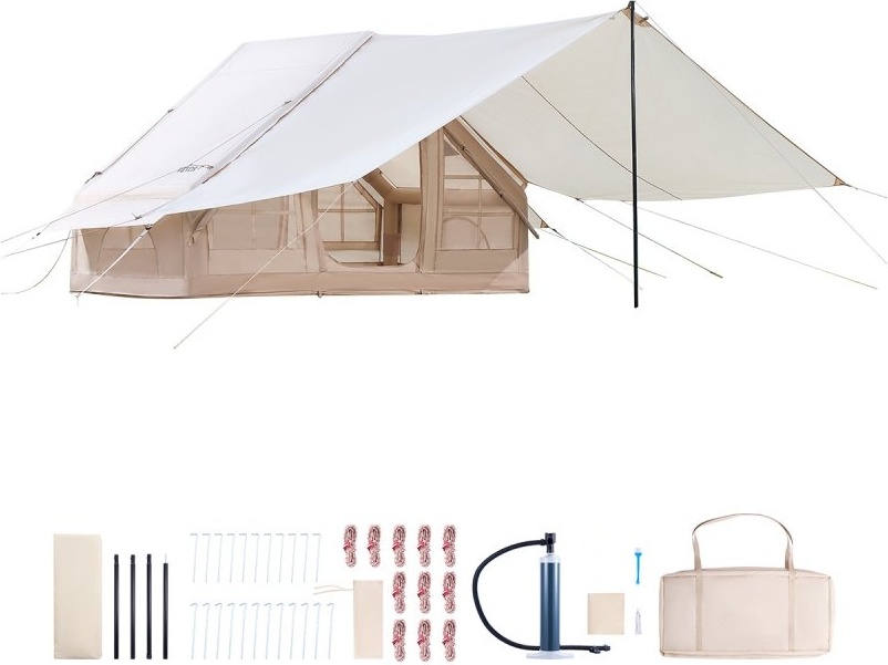 3x2x2m Aufblasbares Campingzelt für 3-5 Personen, 300D Oxford 4-Jahreszeiten-Glamping-Zelt mit Baldachin, Handpumpe & Ofenanschluss - 2 Türen, 2 Netzfenstern und inkl. Aufbewahrungstasche