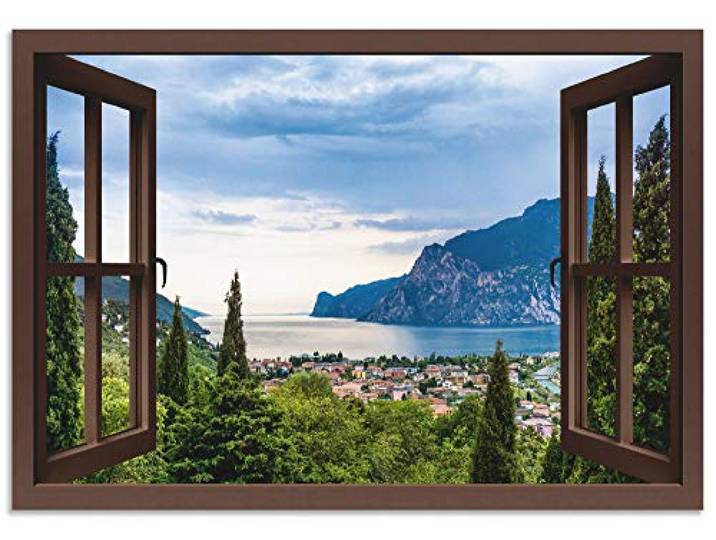 ARTland Wanddeko Wandbild Alu Verbundplatte für Innen & Outdoor Bild 130x90 cm Querformat Fensterblick Gardasee Landschaft See Natur Berge Italien U1TU