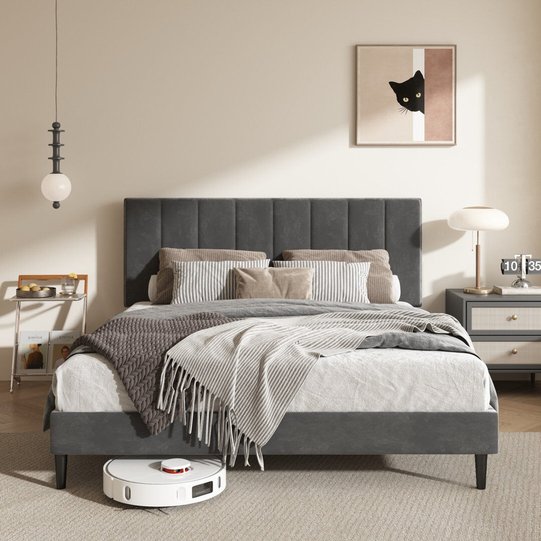 17 Stories Upholstered Metal Bed Grey Double (4'6)