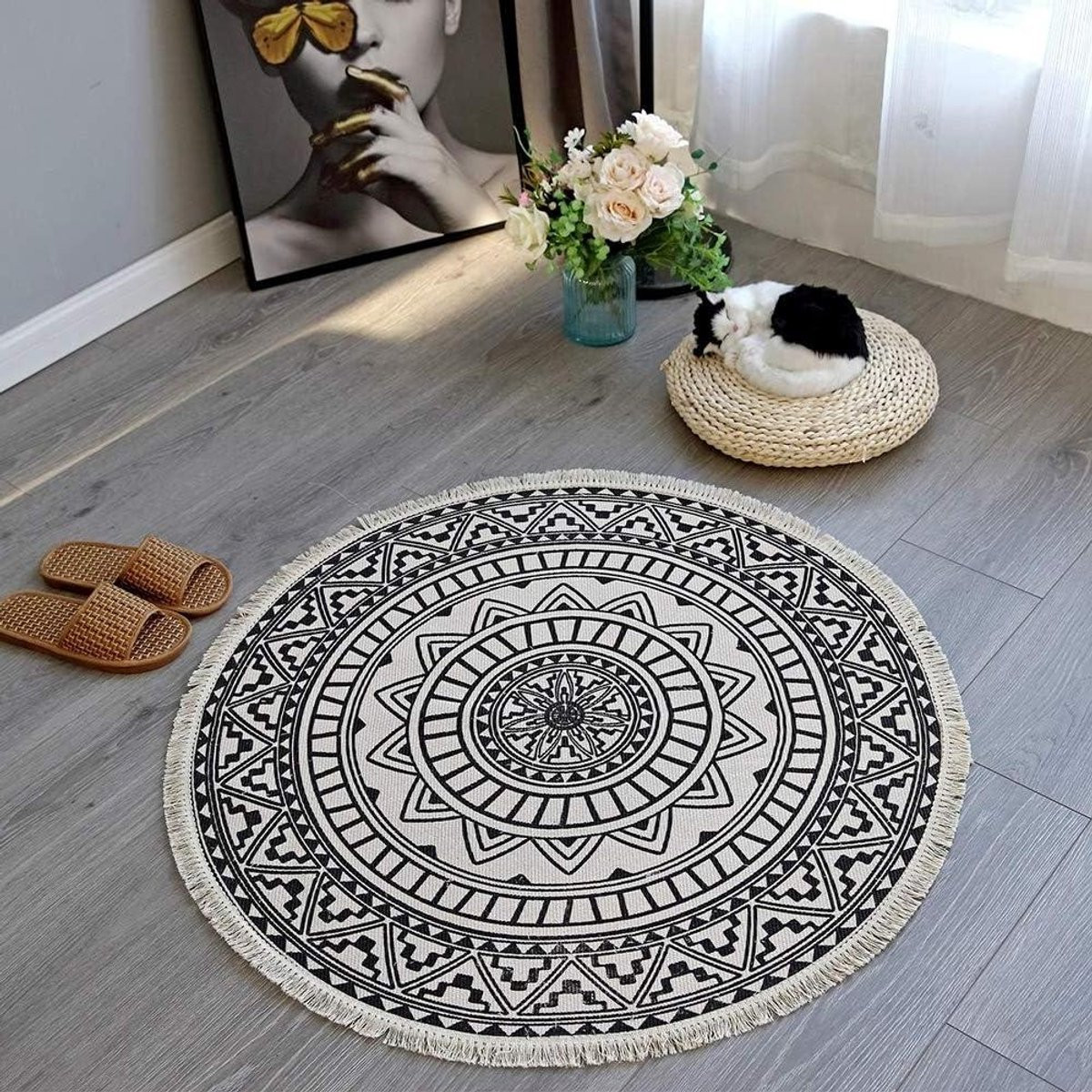 Rond Katoenen Vloerkleed met Tassels - Boho Design - Donkerblauw