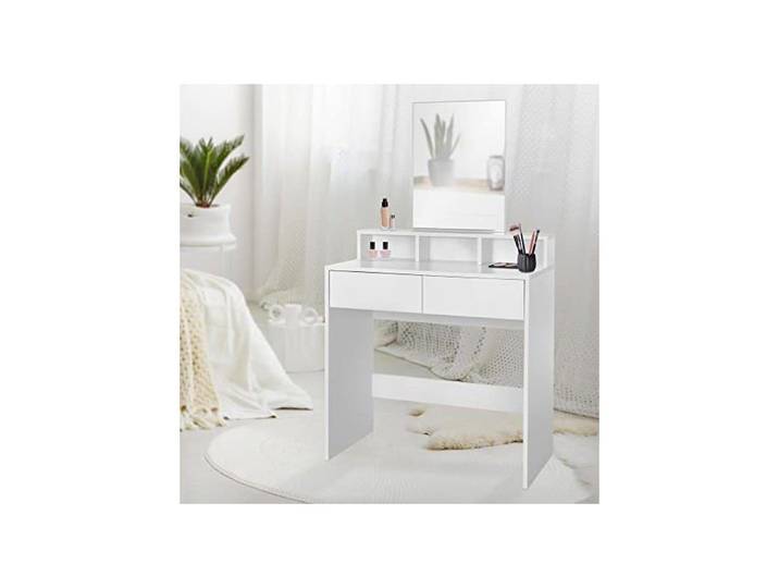 Coiffeuse - ML DESIGN MODERN LIVING - Moderne Blanc - 2 tiroirs - Grand miroir LED (10 spots) - Blanc laqué 80x40x140 cm
