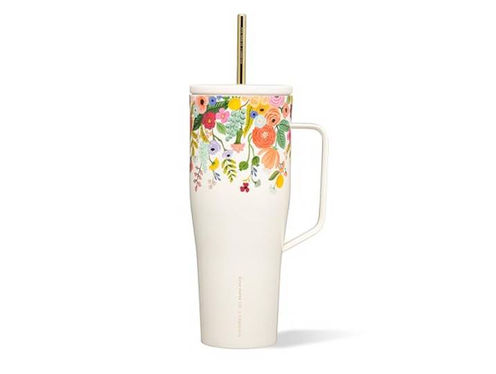 Corkcicle Tumbler Rifle Paper Co. Dreifach isolierter Reisebecher aus Edelstahl, BPA-frei, hält Getränke 9 Stunden kalt und 3 Stunden heiß, 473 ml, Gartenparty-Creme