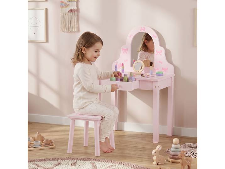 AIYAPLAY Coiffeuse Enfant 2-en-1 avec Tabouret Miroir Rose