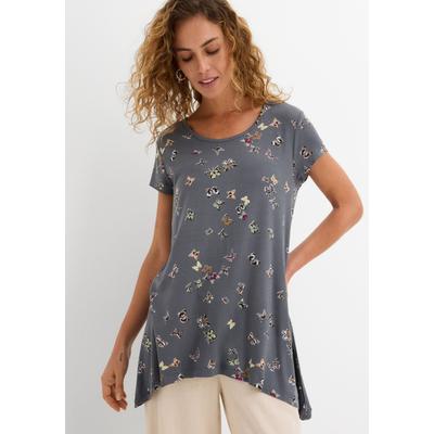 T-Shirt BONPRIX, Damen, Gr. 48/50 (XL), grau (dunkelgrau bedruckt), Jersey, Obermaterial: 95% Viskose, 5% Elasthan, bedruckt, figurumspielend Po-bedeckend, Rundhals, Shirts T-Shirt, leicht ausgestellter Schnitt, verlängerte Saumseiten