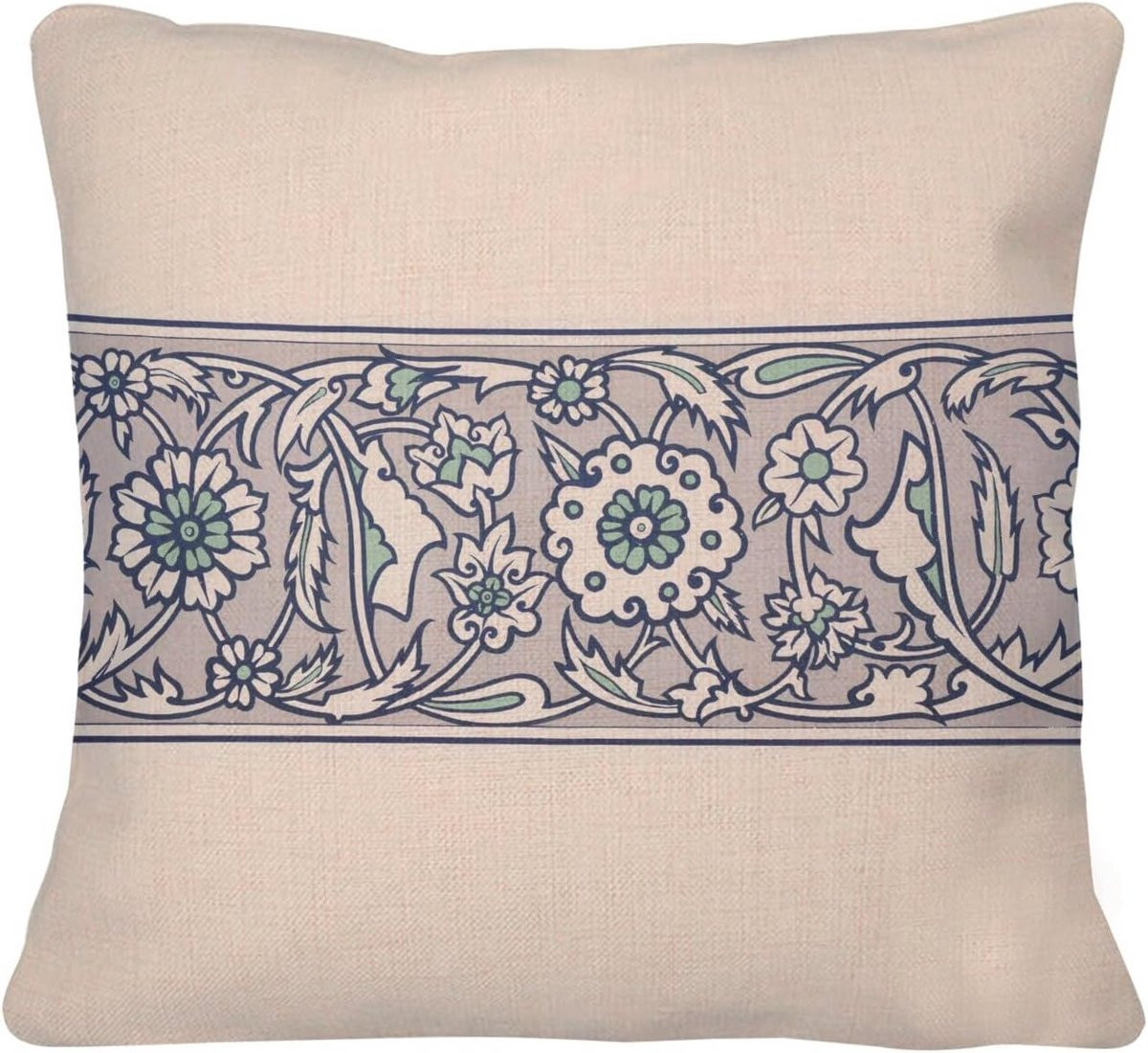Decoratief kussen met linnenlook en Art Nouveau bloemenrand, 40 x 40 cm