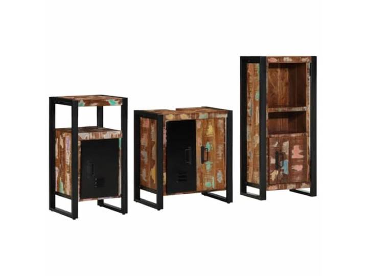 Badezimmermoebelset 3 Stk. Mehrfarbig und Schwarz, mit Massivholztueren, Massivholztueren, schwarz lackierte Eisenbeschlaege, wandmontierter Schrank, einfache Montage, pflegeleichte Oberflaeche