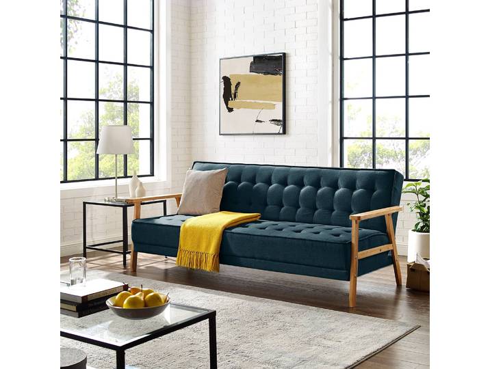 Schlafsofa MID CENTURY Blau/Marineblau Flachgewebe Sura 204 x 85 x 86cm mit Schlaffunktion Skandi