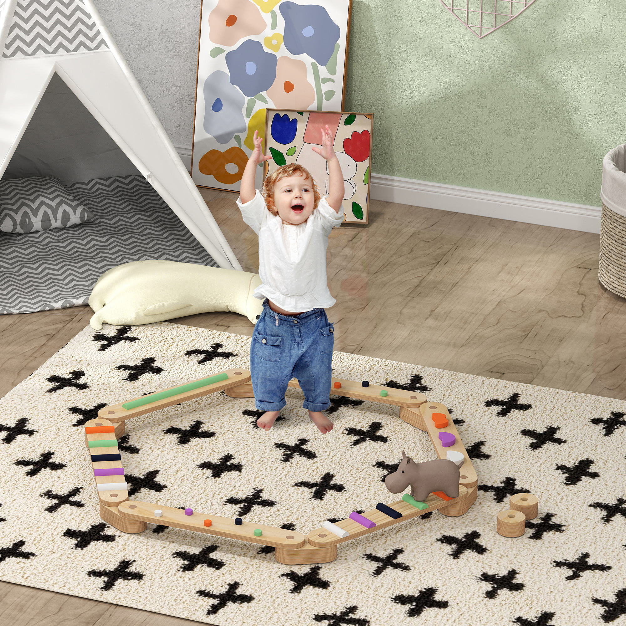 Aiyaplay Trave di Equilibrio in Legno con Pietre Ostacolo Colorate per Bambini 3-8 anni, 130x115x8.5 cm, Multicolore   Aosom Italy