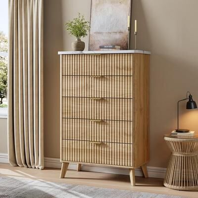 YUN Fluted 5 Drawer Dresser, 47.2 in Tall Modern Wooden Chest of Drawers with Curved Design for Living Room or Hallway