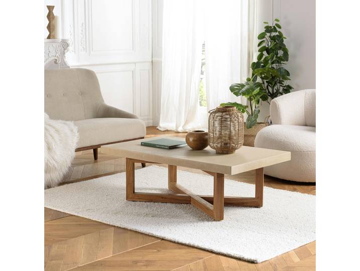 Table basse 120x70cm en béton beige pieds croisés en teck DIKA
