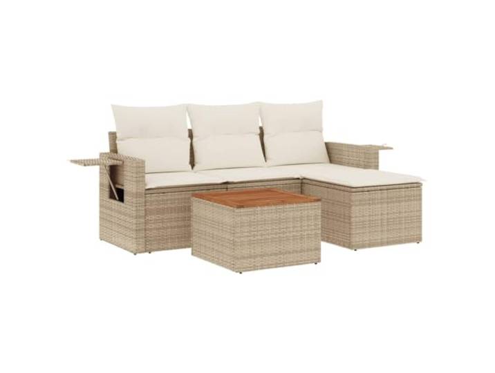 KTHLBRH Gartenmöbel-Set 5-teilig mit Kissen beige aus Polyrattan Tischplatte aus Akazienholz, Aufbewahrungsfach mit wasserabweisender Aufbewahrungstasche, gefederte Klapptische