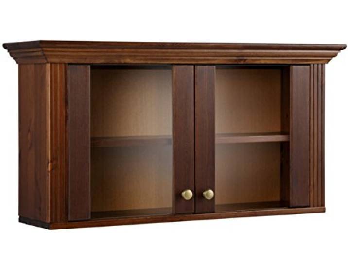 Hängevitrine aus massivem Kiefernholz, Dunkelbraun, Hängeschrank Zwei Glastüren, Verstellbarer Einlegeboden, Landhausstil, 88x22x45 cm