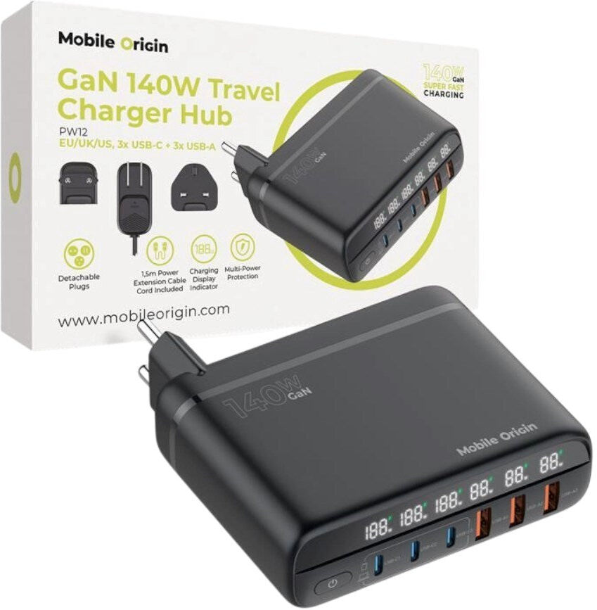 Mobile Origin 6-i-1 Rejseadapter m. 3x USB-C + 3x USB-A - EU/UK/USA - Sort