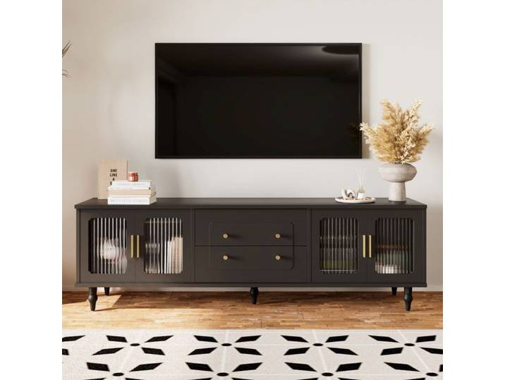 Meuble TV salon avec 2 tiroirs 4 portes rangement Style Vintage Pieds en bois massif 175x38x55 5cm