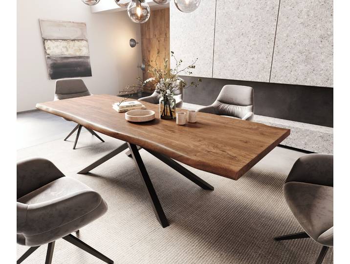 Esstisch Edge 260x100 XL Akazie Braun Kreuzgestell Rechteck Schwarz Live-Edge, Esstische, Baumkantenmöbel, Massivholzmöbel, Massivholz