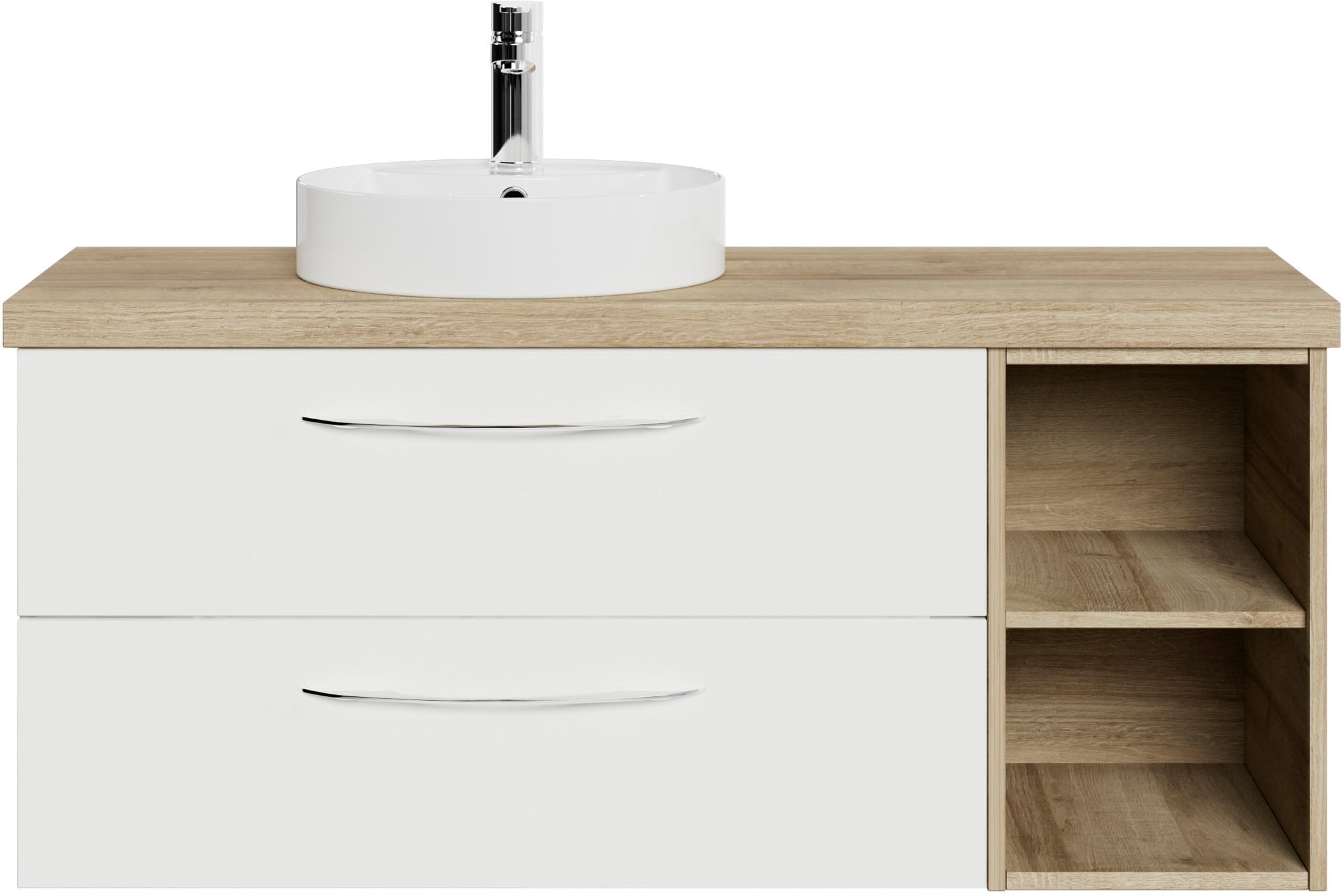 Waschtisch SAPHIR "Serie 4035 Keramik-Aufsatzbecken mit Unterschrank, 118 cm breit", weiss (schneeweiß glanz, weiß glanz, riviera eiche quer nachbildung), B:118cm H:61,2cm T:44,5cm, Holzwerkstoff, Waschtische, Waschtisch, Waschplatz mit 2 Schubladen, Rivi