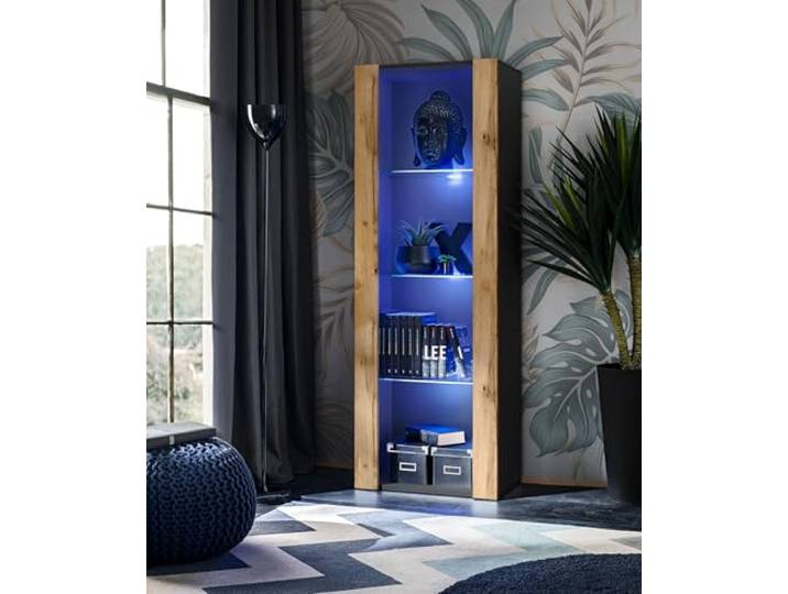 Komodee Vitrine Tivoli A1 Wotan/Schwarz 55x159x35 cm Vitrine Tivoli, Wotan/Schwarz, Breite 55cm x Höhe 159cm x Tiefe 35cm, LED Blau, 3 Regalböden, Glassvitrine für Wohnzimmer