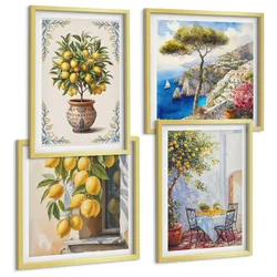 BILDER SET 4er Set - 50x50 cm & 40x60 cm Goldrahmen - Zitronenbäume in der Sonne