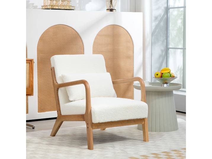 HOMCOM Fauteuil Lounge Velours Crème Bois Hévéa 3 Coussins