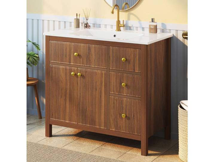 HOMVRA Meuble sous vasque 91 cm avec vasque en céramique 2 portes 4 tiroirs décor noyer