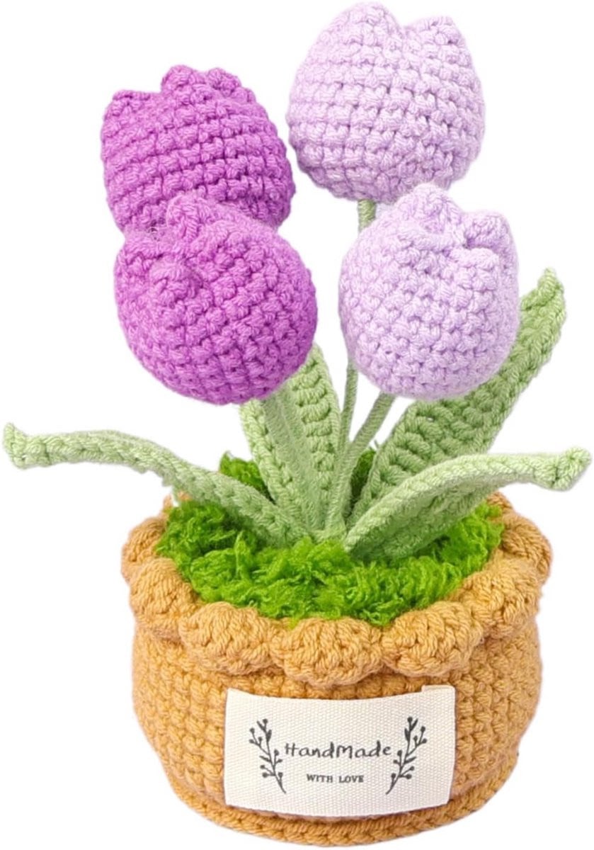 Handgemaakt gehaakt bloemenboeket met tulpen in pot voor decoratie