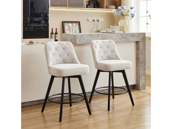 GarveeMore 360° drehbar 2er Set Barhocker 66cm Sitzhöhe, weiß mit Rückenlehne, Fußstütze,Holzbeine, Leinenbezug, Kücheninsel‑Bar
